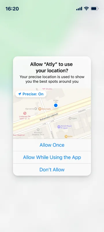 Location permission: Allow Atly to use your location? Your precise location is used to show you the best spots around you.