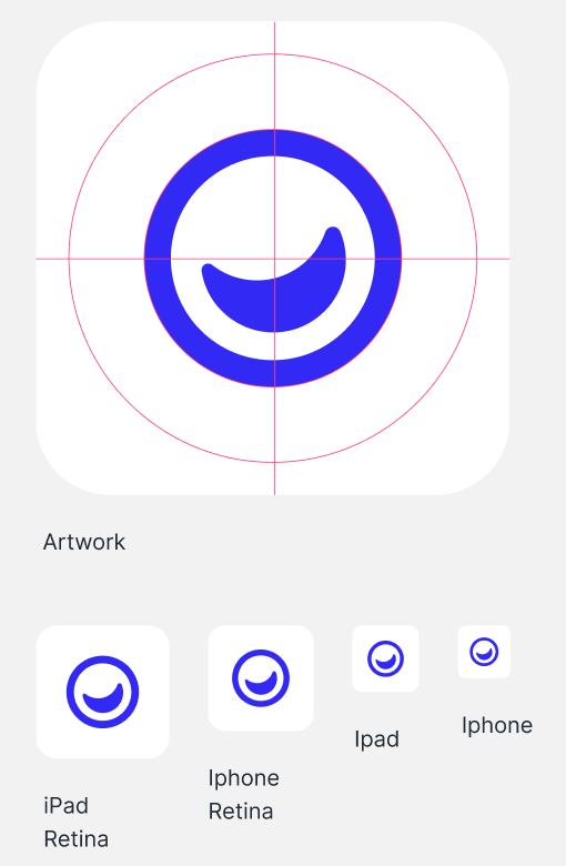 The Usersnap app icon: the blue logomark on a white rounded tile with its construction circles, and the iPad and iPhone sizes below it.