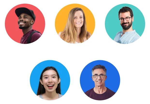Five customer avatars, each a cut-out portrait on a flat circle of red, amber, teal, sky or blue.