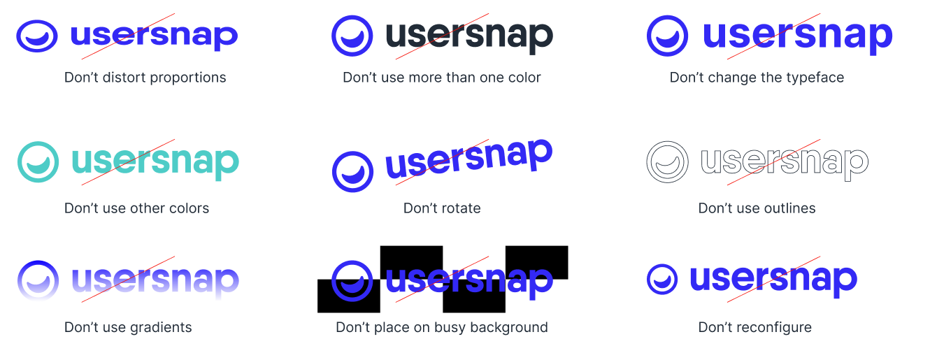 Nine logo misuses, each crossed out: distorted proportions, more than one colour, a changed typeface, other colours, rotation, outlines, gradients, a busy background and a reconfigured lockup.