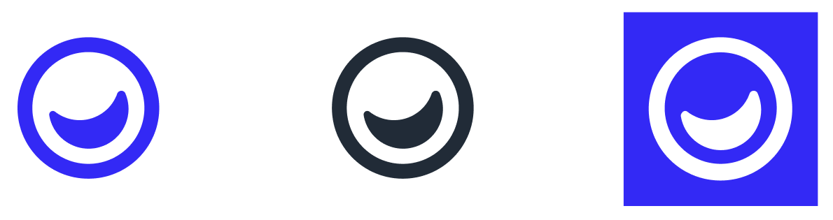 The logomark on its own in blue, in black, and in white on a blue square.