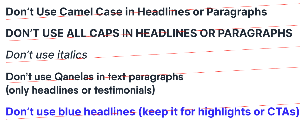 Typography misuses, each crossed out: camel case, all caps, italics, Qanelas in paragraphs, and blue headlines.