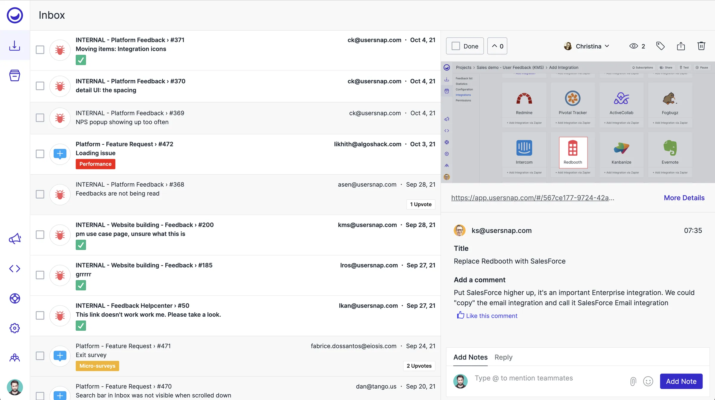 The new Usersnap inbox: feedback from several streams in one list, with the selected item, its screenshot and comments open alongside.